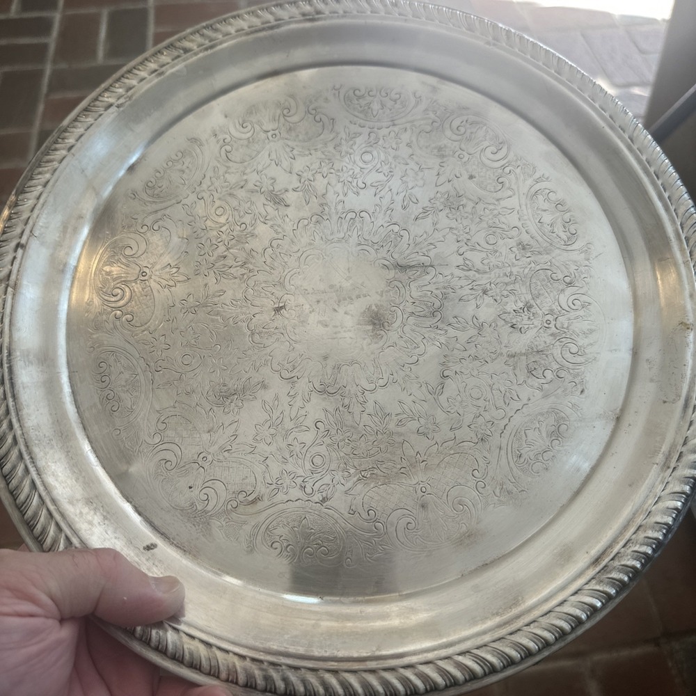 F.B. Rogers 2361 silver plated round serving tray etched/pierced raised 12.5 Inc